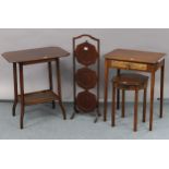 An Edwardian inlaid-mahogany folding cake stand, 34¼” high; together with three occasional tables.