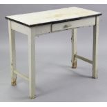 A light grey painted pine kitchen side table with white enamelled top, fitted frieze drawer, & on