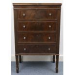 A mahogany small chest, fitted four long drawers with brass knob handles, & on short square