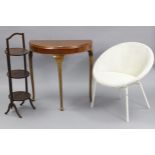 A Lusty’s Lloyd Loom white painted chair; together with a mahogany folding cake stand; & a