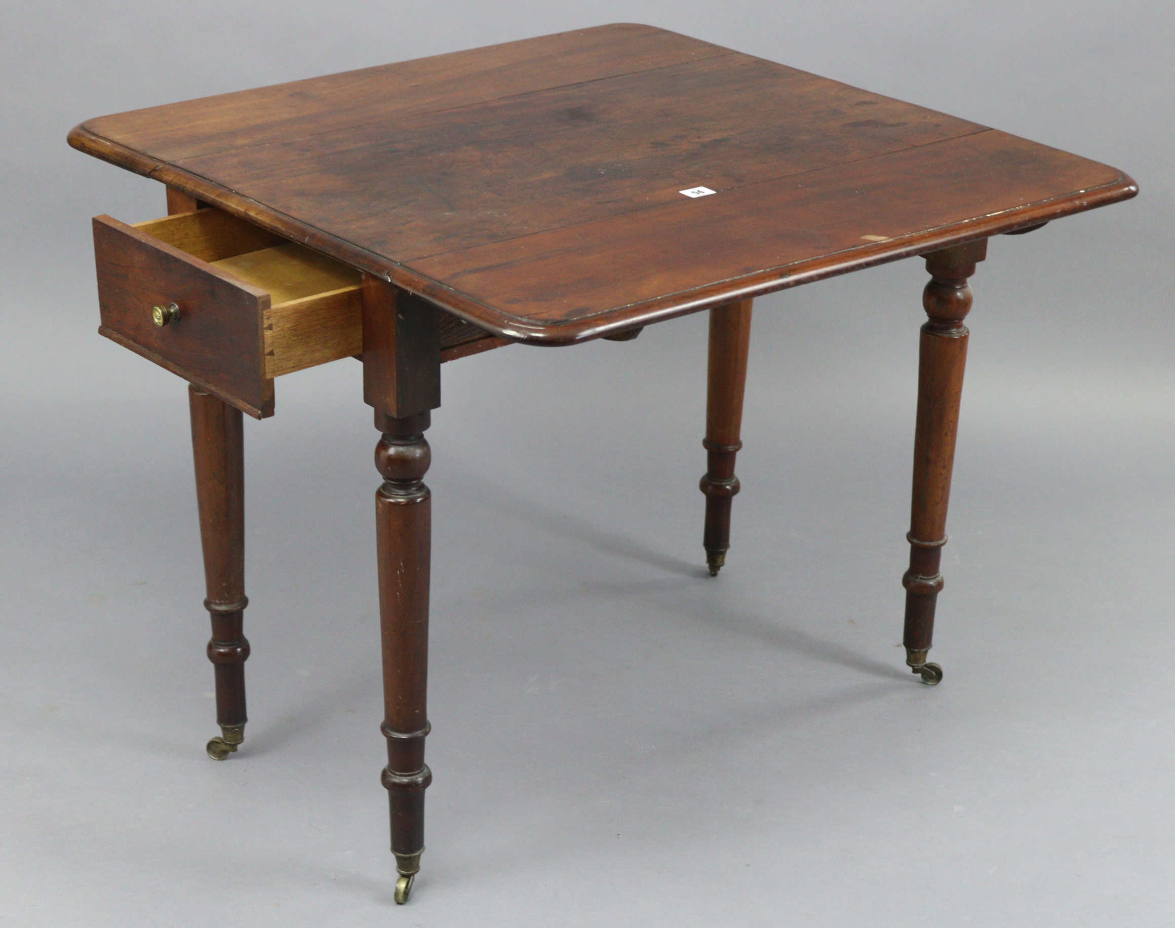 A 19th century mahogany small Pembroke table, fitted end drawer & on turned tapered legs with - Image 2 of 3