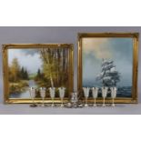 Four modern oil paintings, each in gilt frame; together with various items of platedware.