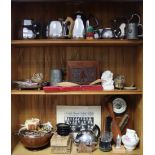 A treen table lamp; a carved wooden trinket box; various items of metalware & sundry other items.
