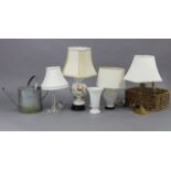 Five various table lamps, each with shade; together with a pair of “Dachshund” draught excluders; &