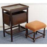 A mahogany rectangular two-tier occasional table/cake stand, 21” wide; & an oak stool, 15½” wide.