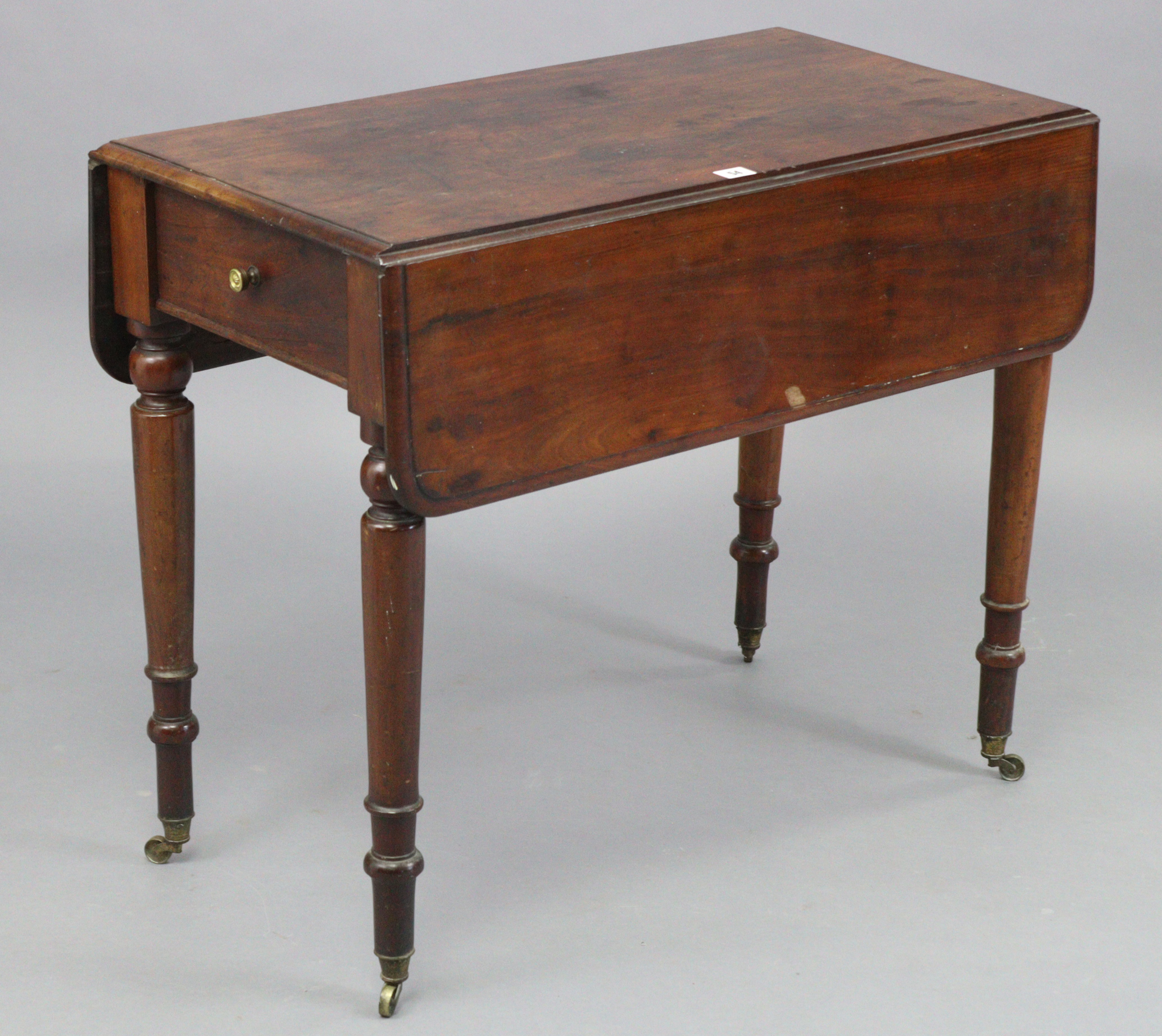 A 19th century mahogany small Pembroke table, fitted end drawer & on turned tapered legs with