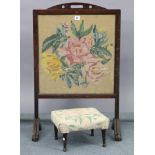 A firescreen inset floral embroidered panel; together with an card-index cabinet; a foot stool;