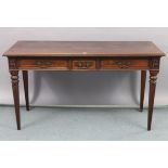 An inlaid-mahogany serving table, fitted two frieze drawers & on turned & square tapered legs, 61”