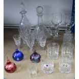 Two heavy cut-glass decanters; a set of four cut-glass tumblers; & various other items of