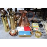 A brass table lamp base; a copper hunting horn; a copper ewer; & sundry other items.