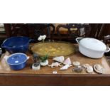 Three various enamelled cooking pots; together with an oval tea tray; a small bronzed bust; & sundry