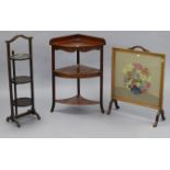 An inlaid-mahogany bow-front three-tier corner washstand, 23” wide (w.a.f.); together with a folding