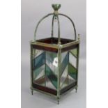 An Edwardian brass frame square hall lantern, inset leaded stained glass panels, 8” wide x 20¾”