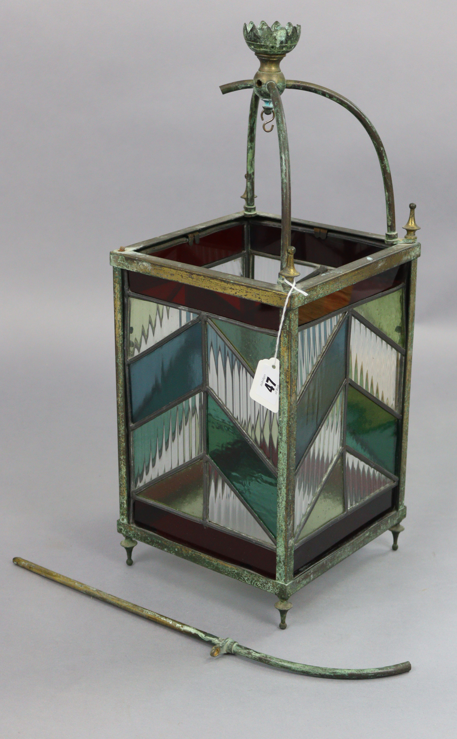 An Edwardian brass frame square hall lantern, inset leaded stained glass panels, 8” wide x 20¾” - Image 3 of 3