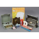 An Imperial portable typewriter; together with a Belling electric fire; a 1960’s glass ceiling light
