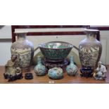 A pair of Japanese Satsuma pottery ovoid vases with figure scene decoration, 13” high; a Chinese