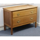 A white painted pine low chest, fitted three long graduated drawers with turned knob handles, 39”