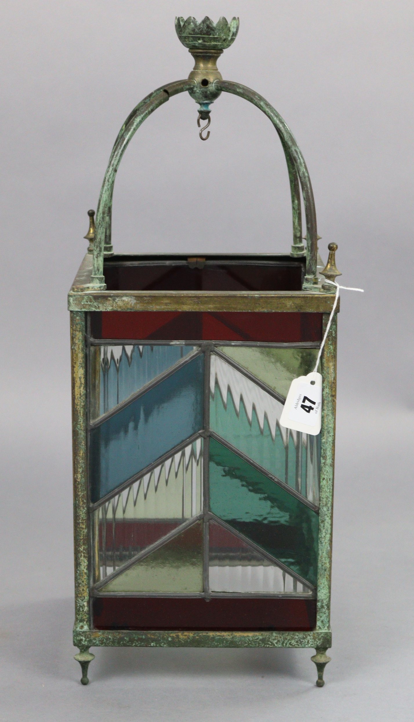 An Edwardian brass frame square hall lantern, inset leaded stained glass panels, 8” wide x 20¾” - Image 2 of 3