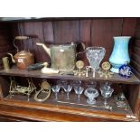 A brass oval watering can; a copper kettle; various other items of metalware, glassware, etc.