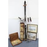 A pair of Attenhofer (German) wooden skis; a pair of ski poles; ten various golf clubs; a golf-