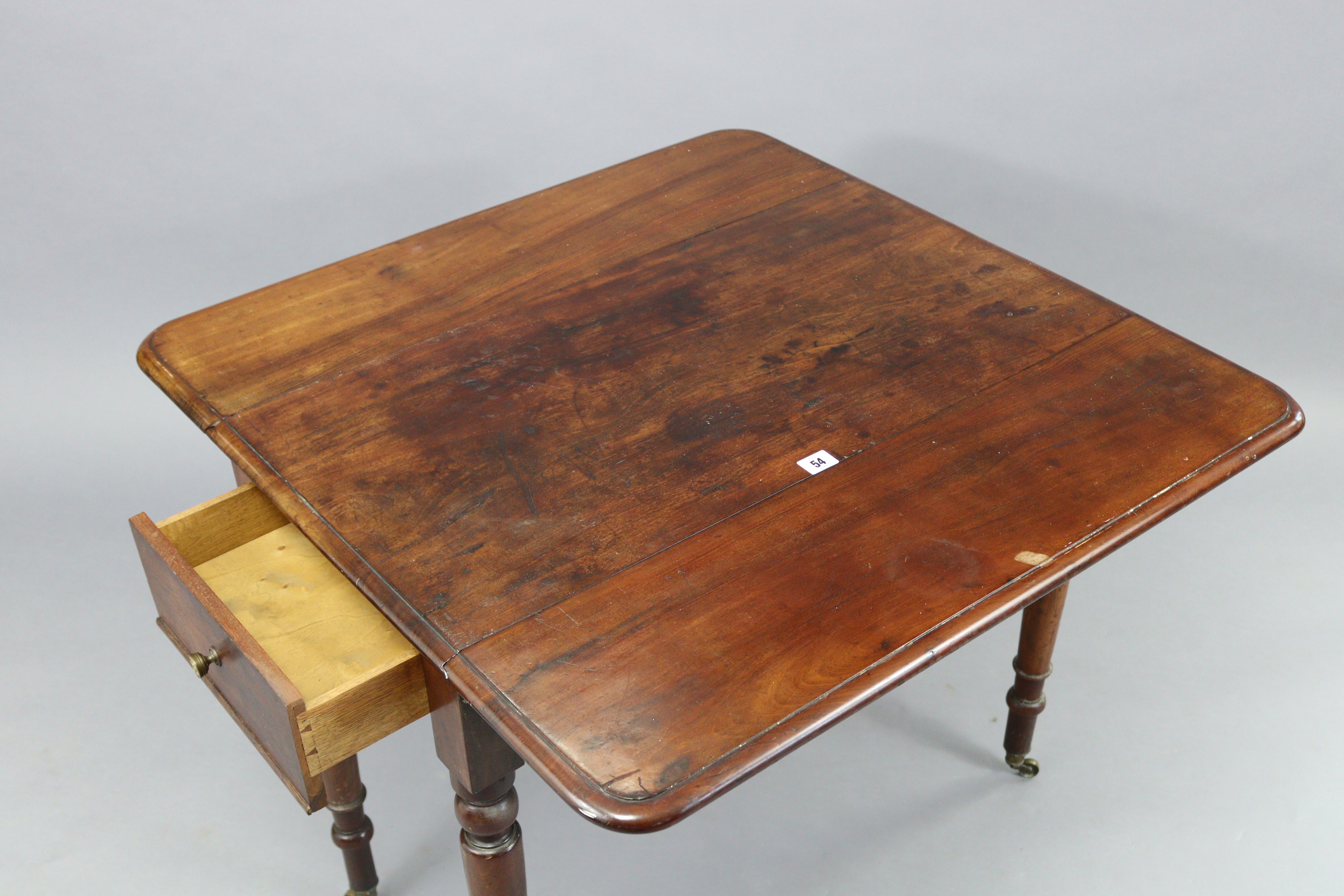 A 19th century mahogany small Pembroke table, fitted end drawer & on turned tapered legs with - Image 3 of 3