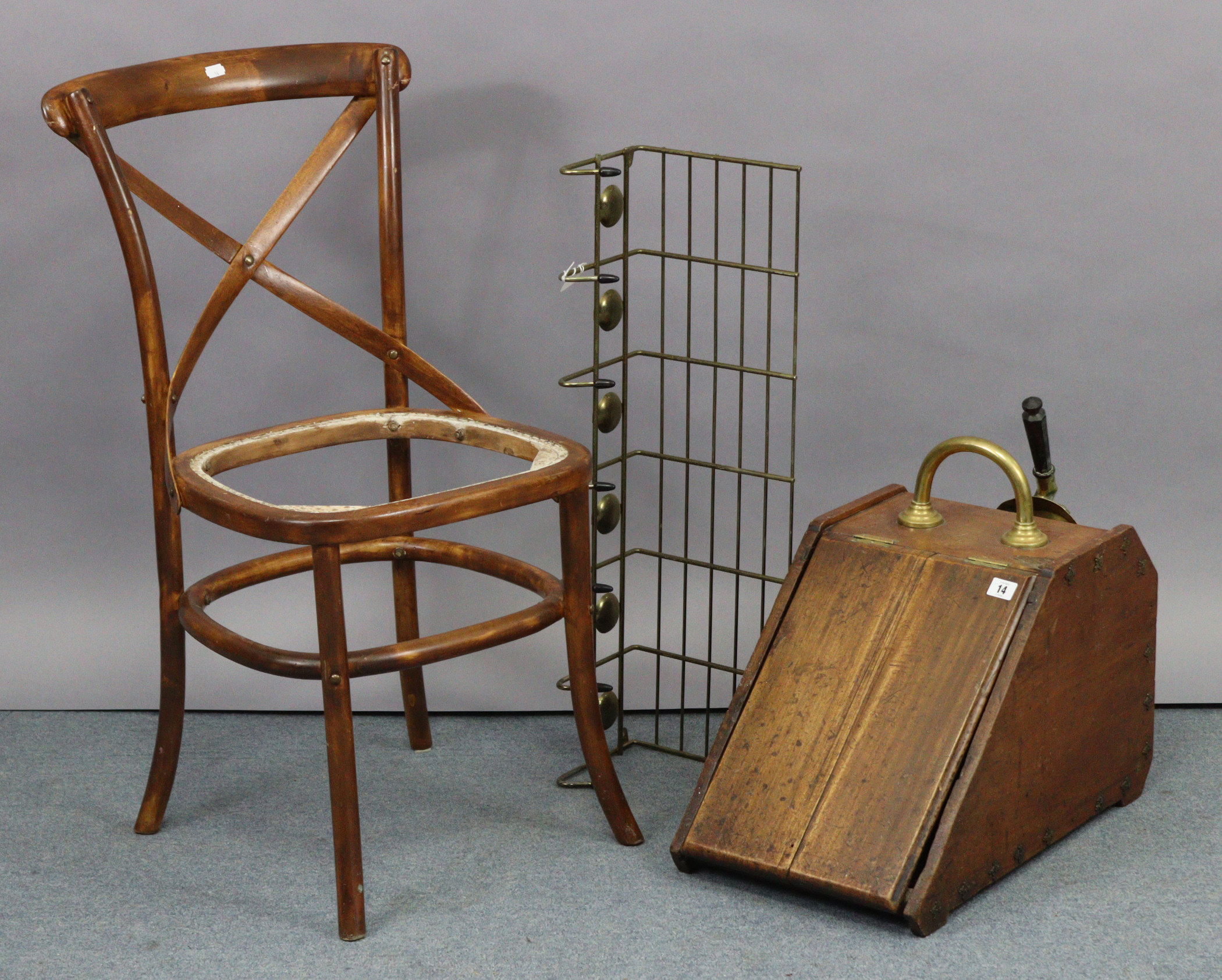 A late Victorian walnut sloping-front coal scuttle (lacking liner); together with an occasional