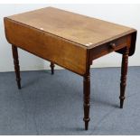 A 19th century mahogany Pembroke table, fitted end drawer & on ring-turned tapered legs, 41” wide.