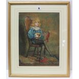 A Victorian watercolour painting by Elizabeth S. Guinness, depicting a young girl sat on a chair