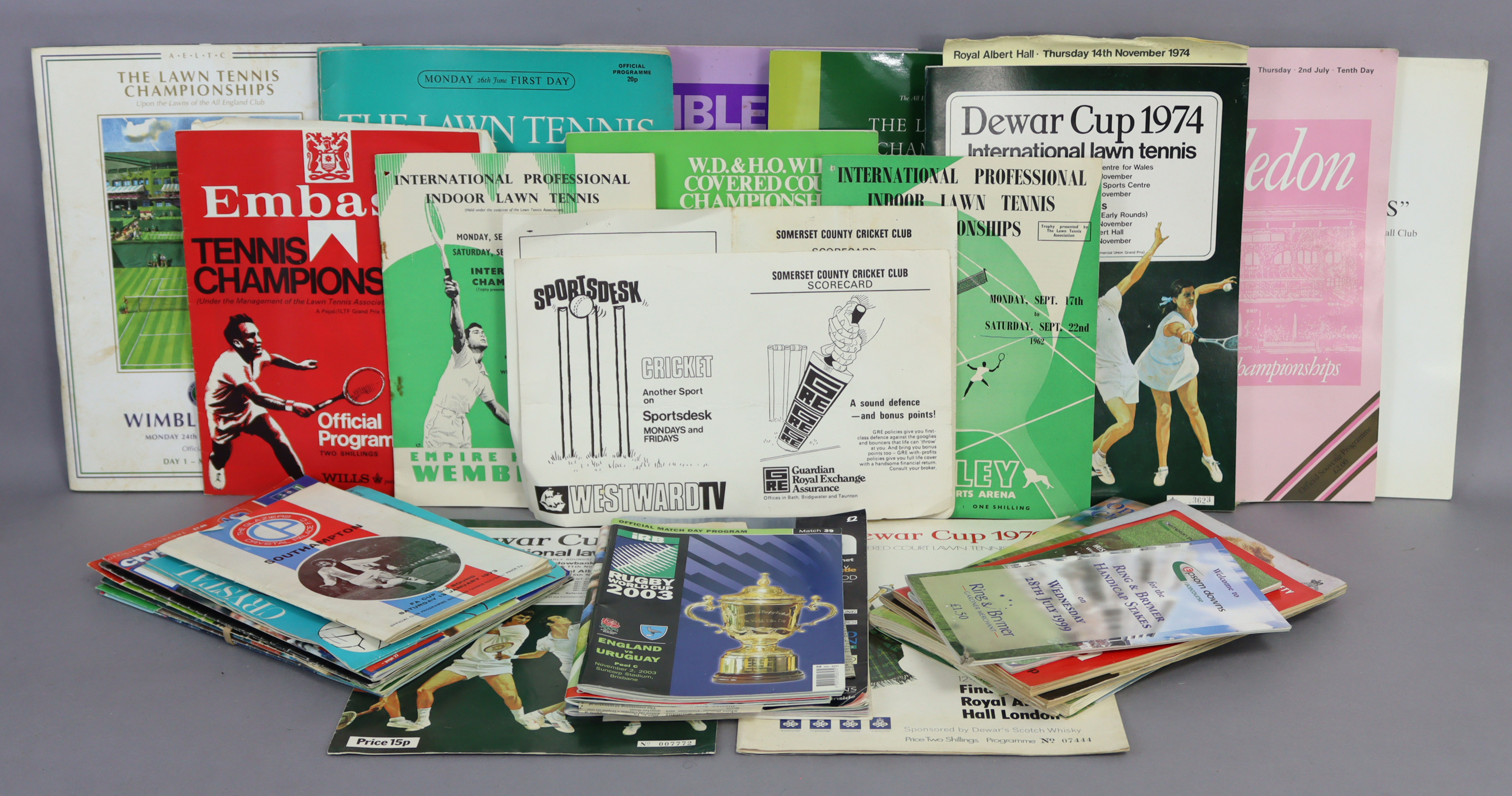 Approximately fifty various sporting programmes including Tennis, Football, Rugby, etc. circa 1961