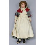 A wax head & shoulder girl doll with cloth-covered body & composition limbs, 13½” high, dressed;