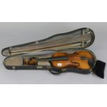 A violin & bow, (violin 23½” long - length of back 14"), with case.