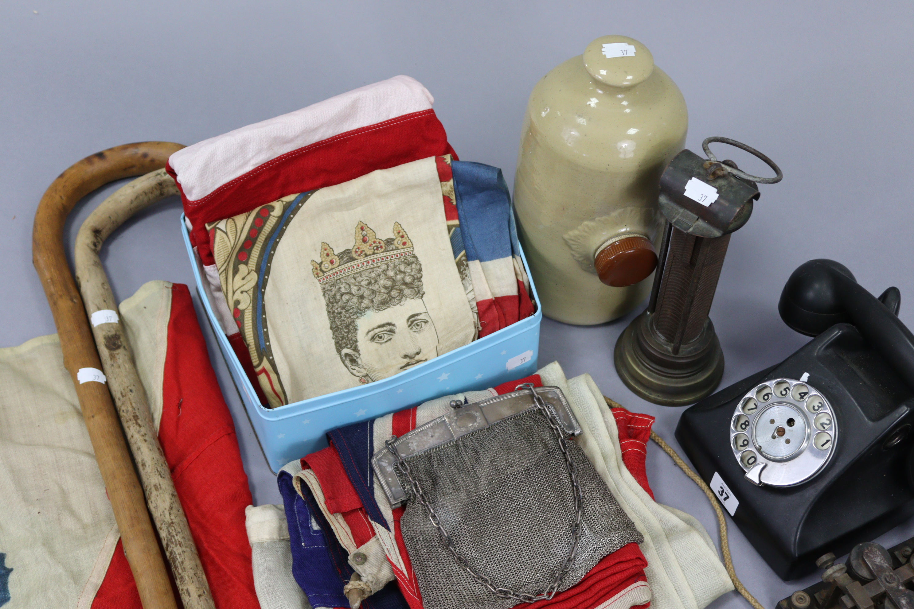 A black Bakelite telephone; a Hughes & Sons pocket compass, w.a.f. a stoneware foot warmer; five - Image 4 of 5