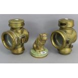 A cast-brass bulldog car mascot mounted on onyx plinth, 6” high; & a pair of brass car head-lamps,