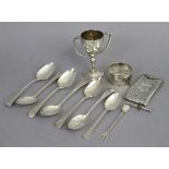 An Edwardian silver engraved card case, 3” x 1½”, Birmingham 1902; a set of six silver teaspoons;