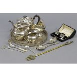 A silver plated three-piece tea service of oval form; together with various other items of
