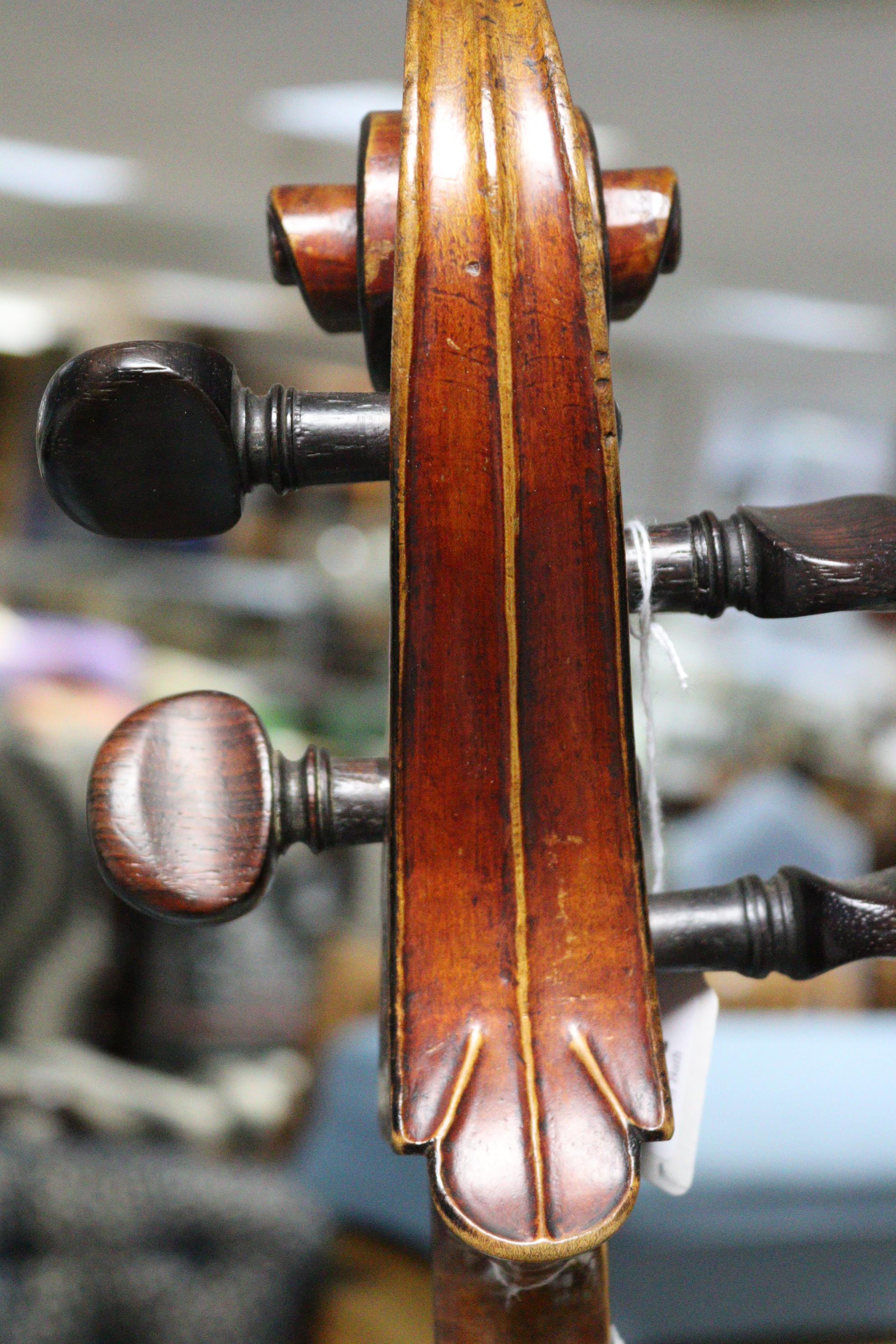 A mahogany cello (lacking strings), 49¾” tall, bears label “Made for Hart & Son, 28, Wardour St, Lo - Image 8 of 27