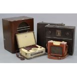 An Ultra valve radio in walnut case; a Portadyne portable valve radio in fibre-covered case;