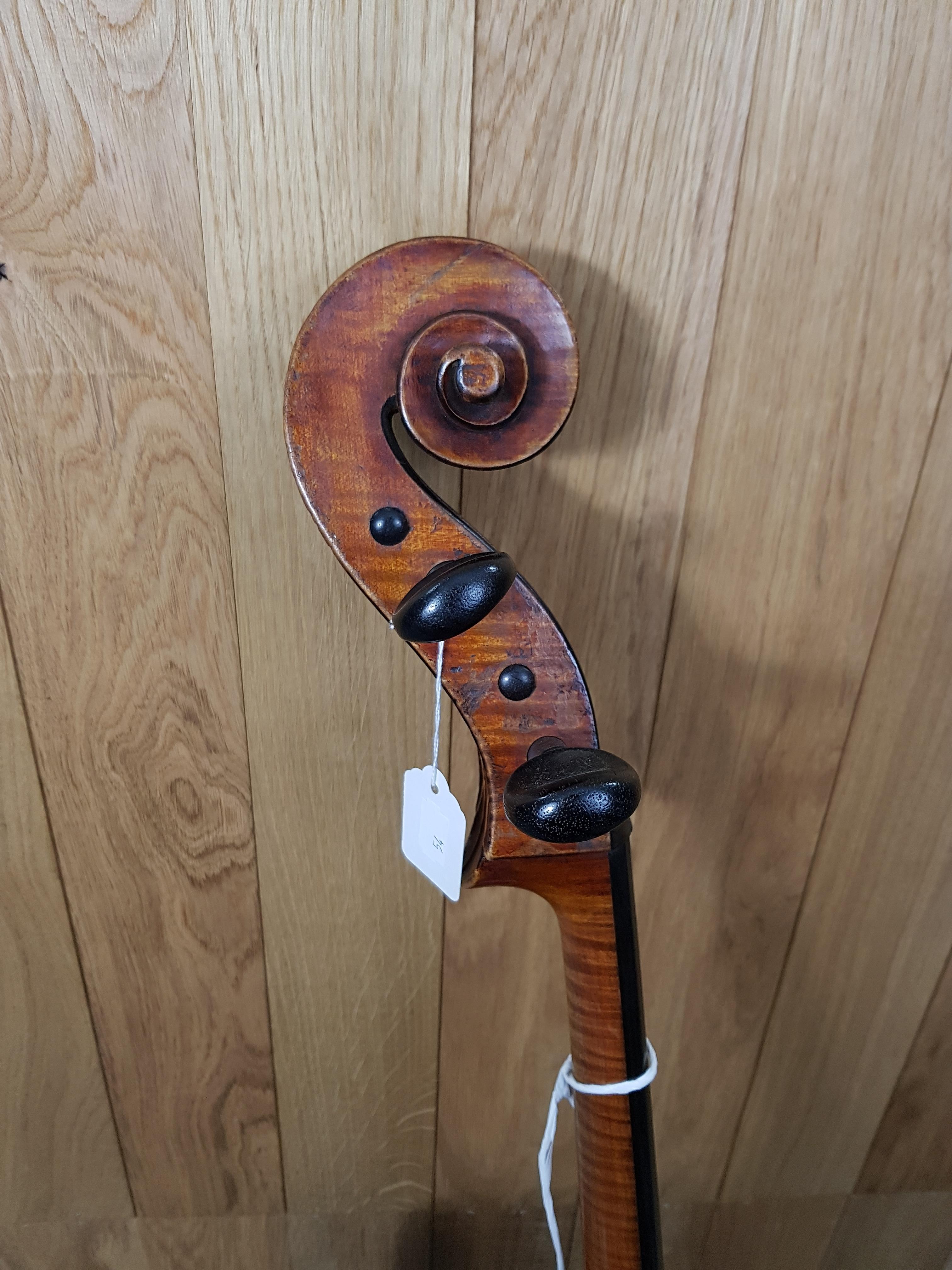 A mahogany cello (lacking strings), 49¾” tall, bears label “Made for Hart & Son, 28, Wardour St, Lo - Image 25 of 27
