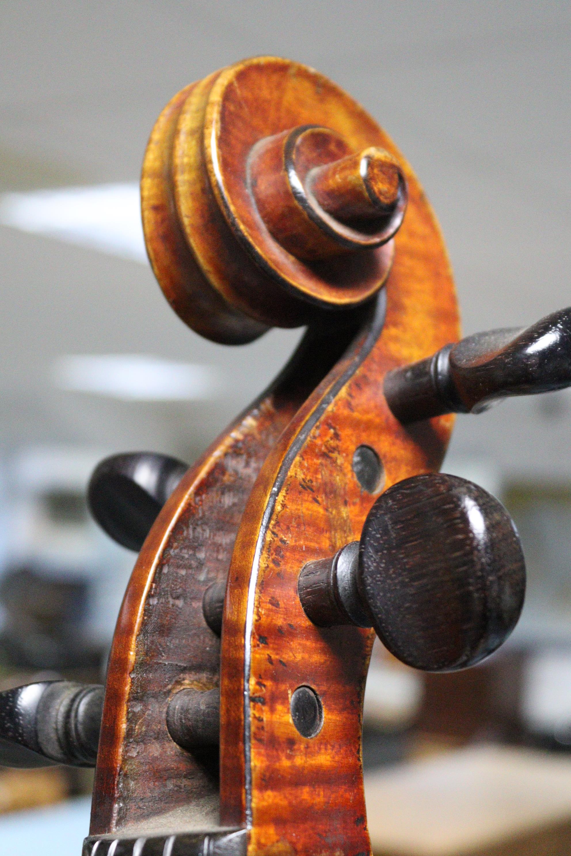 A mahogany cello (lacking strings), 49¾” tall, bears label “Made for Hart & Son, 28, Wardour St, Lo - Image 7 of 27