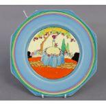 A CLARICE CLIFF BIZARRE “IDYLL” PATTERN OCTAGONAL PLATE with painted decoration in bright colours,