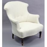 A Victorian-style buttoned-back easy chair upholstered white material, & on short turned legs.