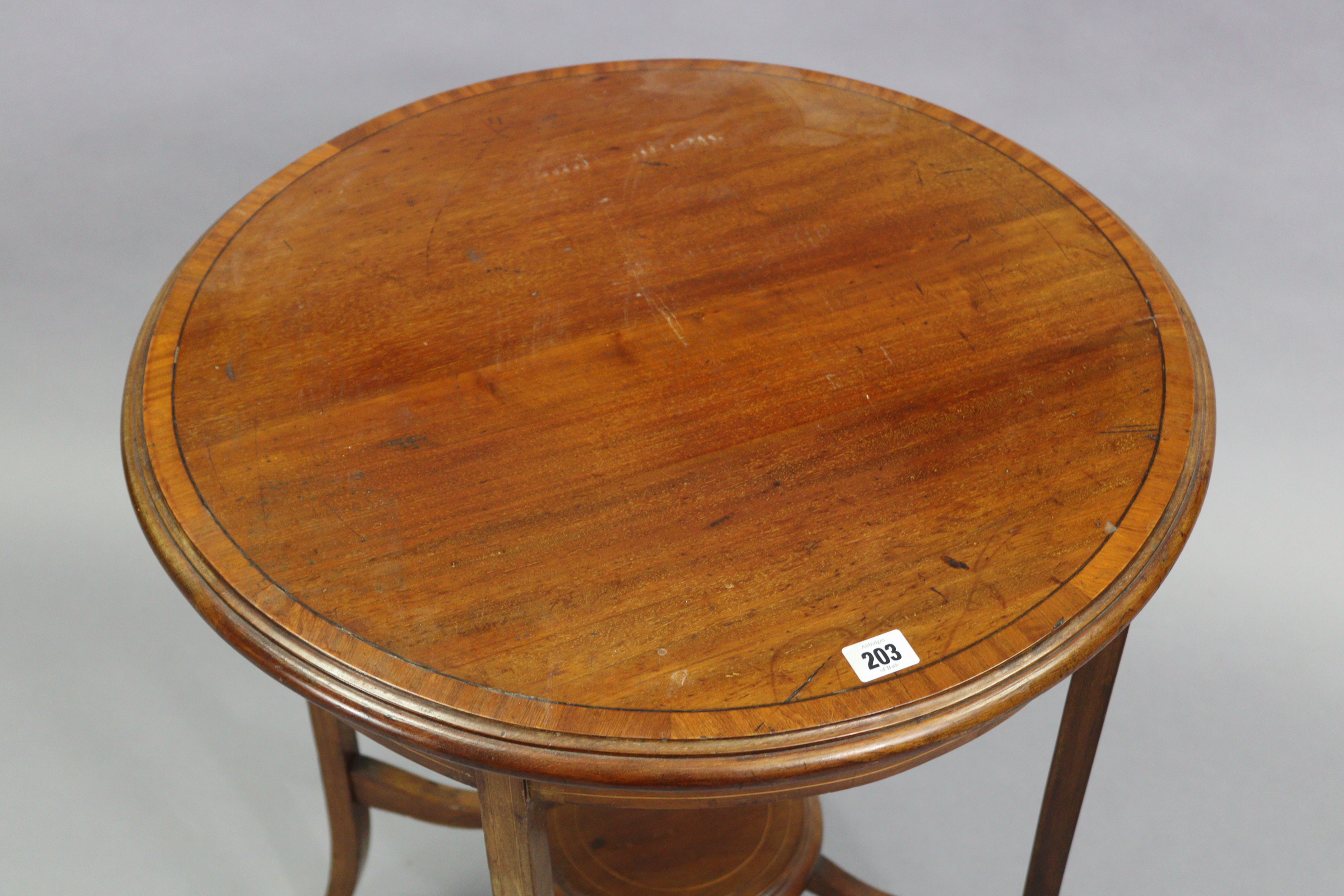An Edwardian inlaid-mahogany circular two-tier occasional table on four shaped legs, 24” diameter - Image 2 of 2