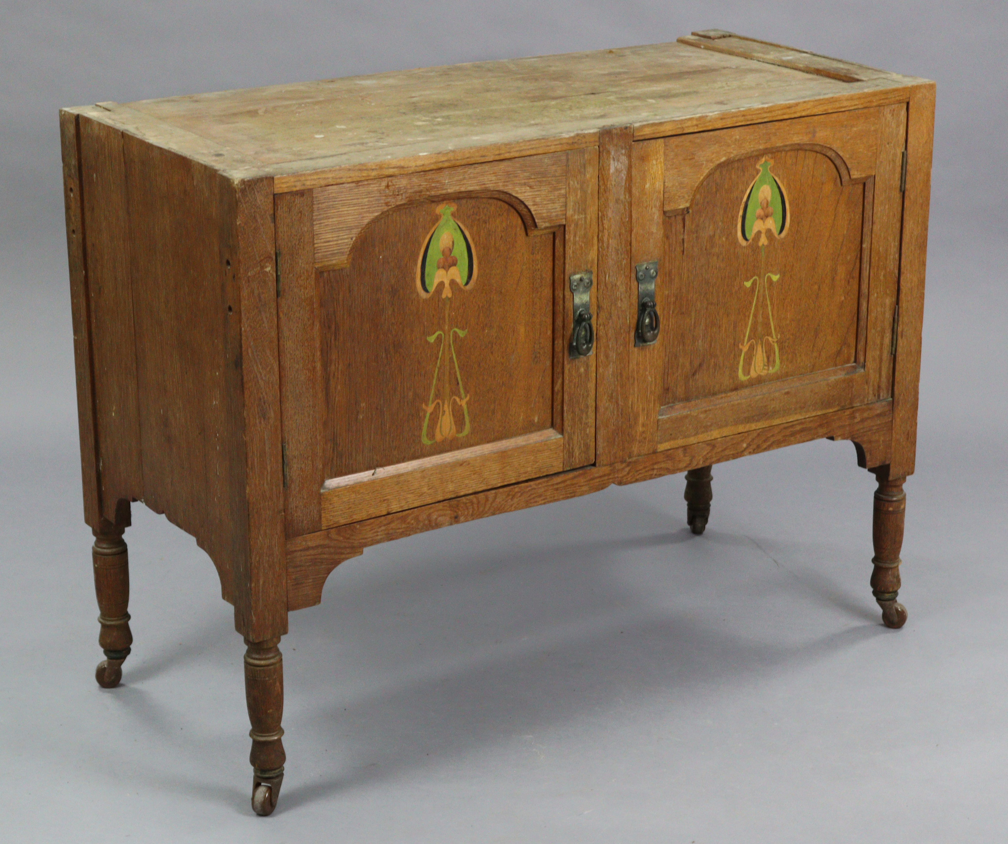 An Edwardian oak marble-top washstand enclosed by pair of panel doors with painted Arts & Crafts sty - Image 3 of 3
