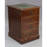 A reproduction mahogany two-drawer filing cabinet inset gilt-tooled green leather, & on plinth base,