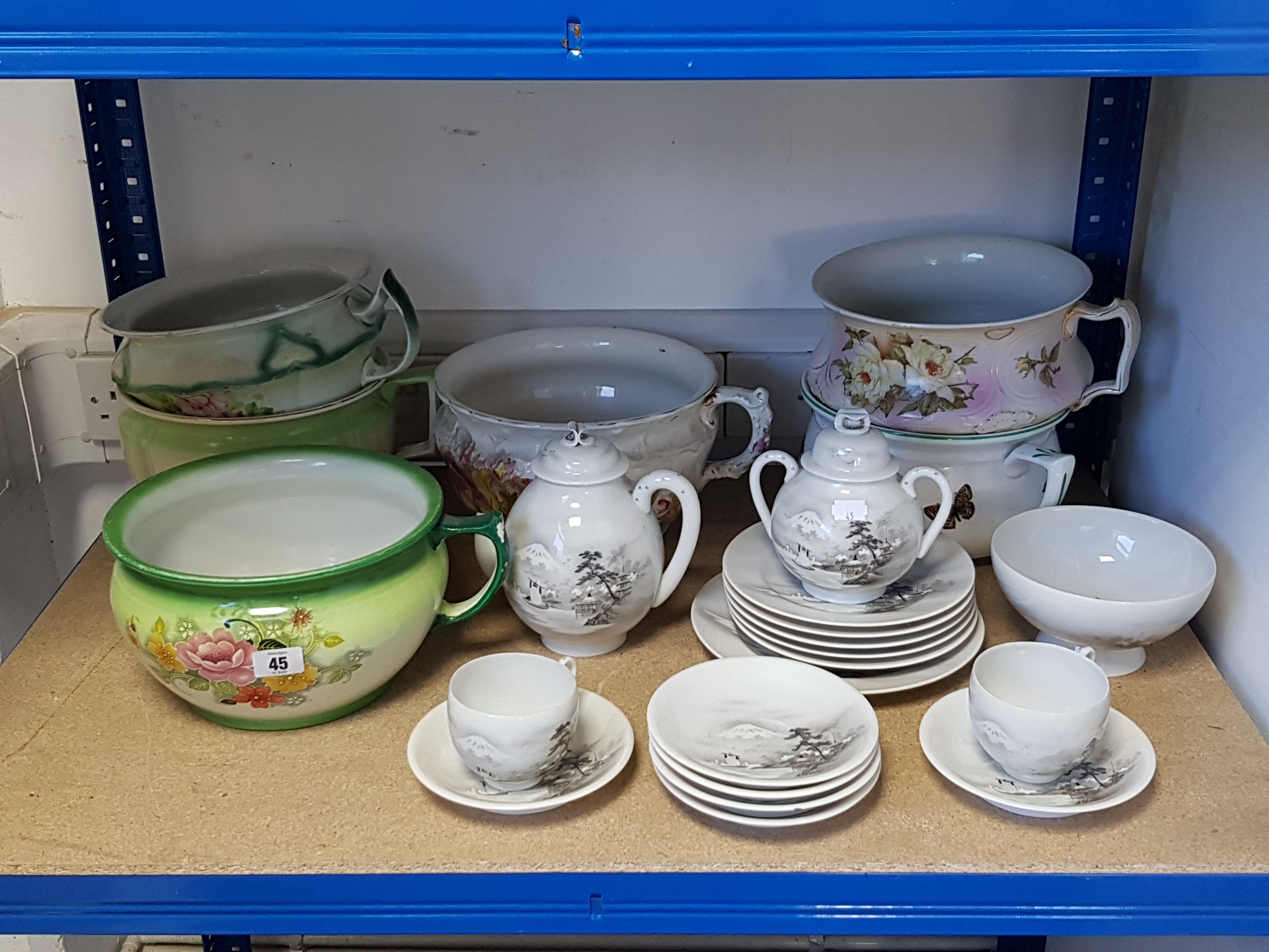 Six various floral decorated chamber pots; a Noritake porcelain part tea service.