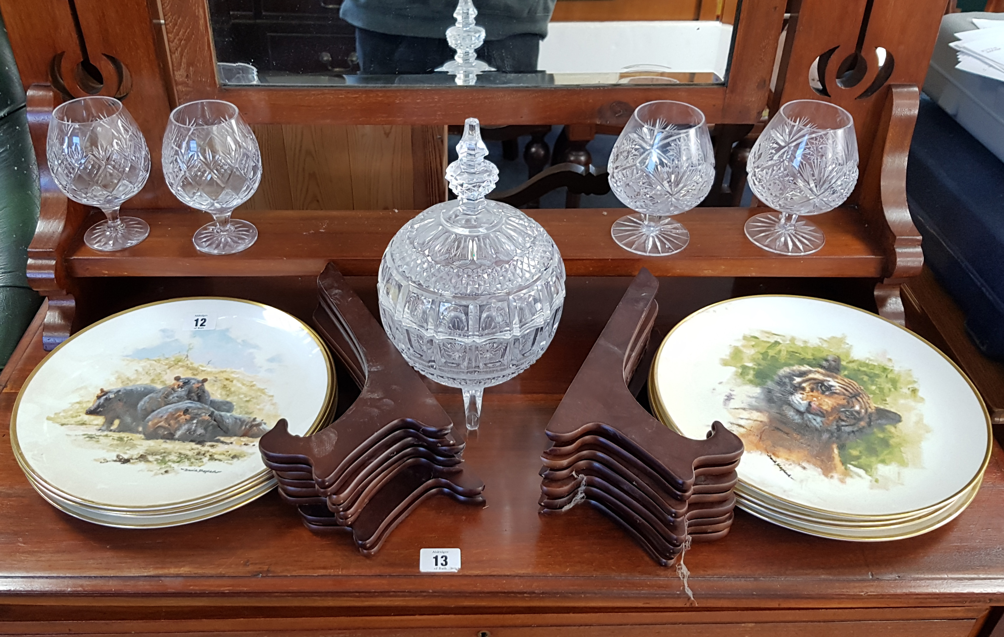 A heavy cut-glass circular dressing table bowl, 6½” diam.; four cut-glass brandy balloons; & a set