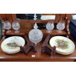 A heavy cut-glass circular dressing table bowl, 6½” diam.; four cut-glass brandy balloons; & a set