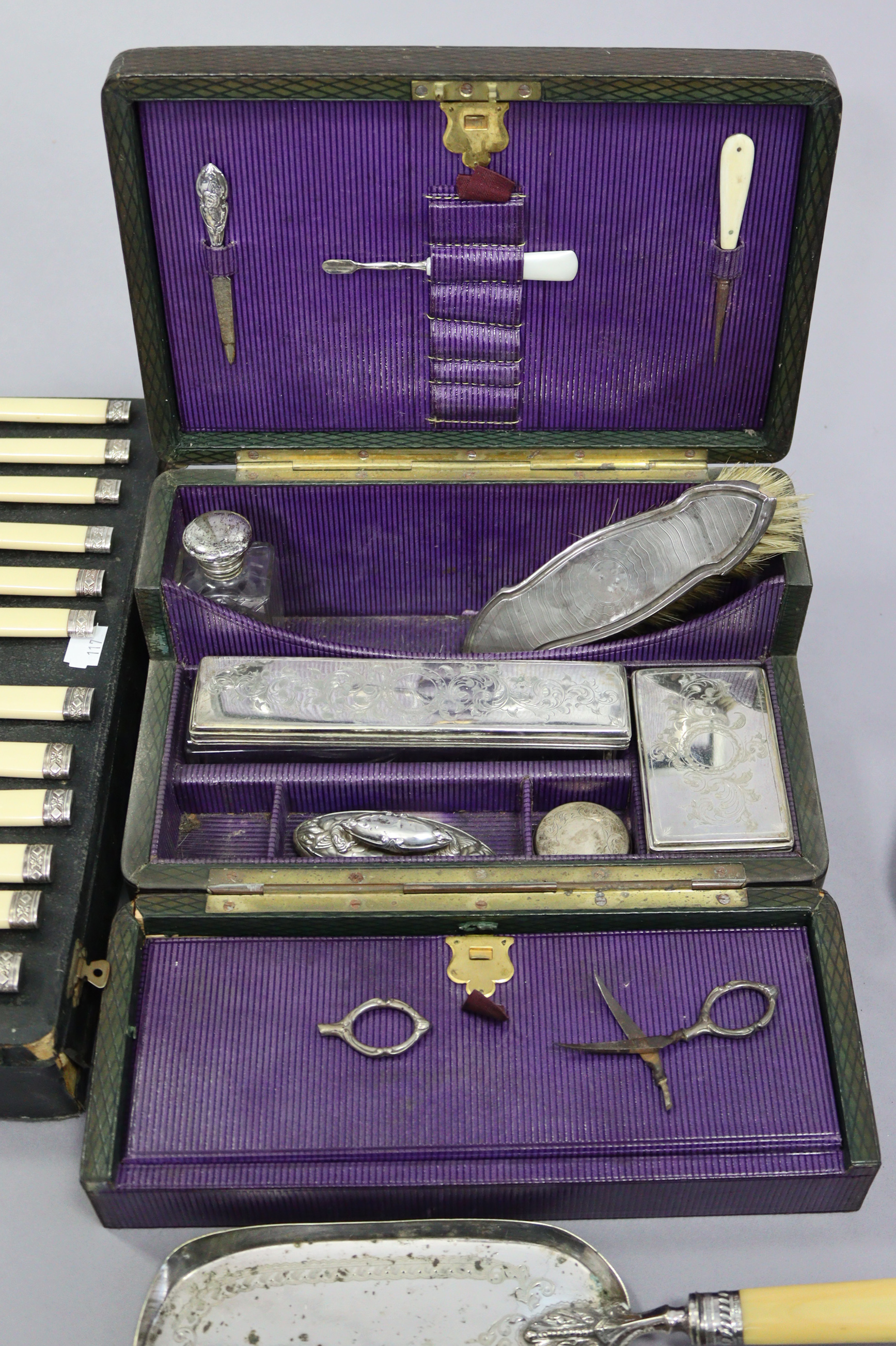 A Victorian Morocco leather ladies vanity case with part fittings, 10¾” wide; together with a - Image 2 of 3