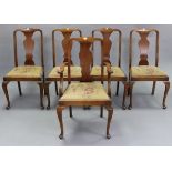A set of five Queen Anne-style dining chairs (including one carver chair), with shaped splat