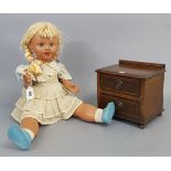 A celluloid “Cinderella talking doll, 24” tall, dressed; & a miniature inlaid mahogany chest